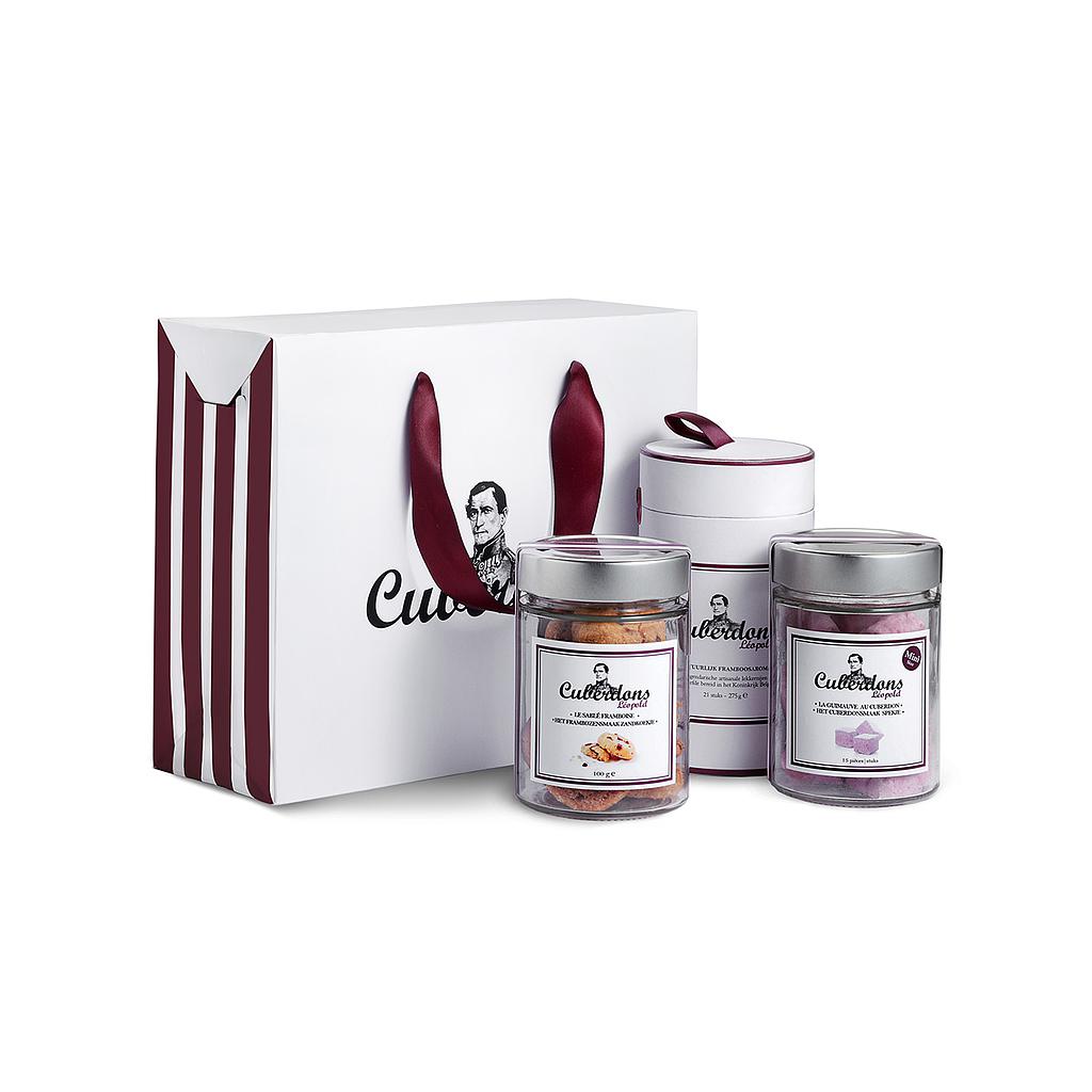 Coffret NUAGE contenant boîte de 21 cuberdons, 15 sablés et 15 mini guimauves cuberdon