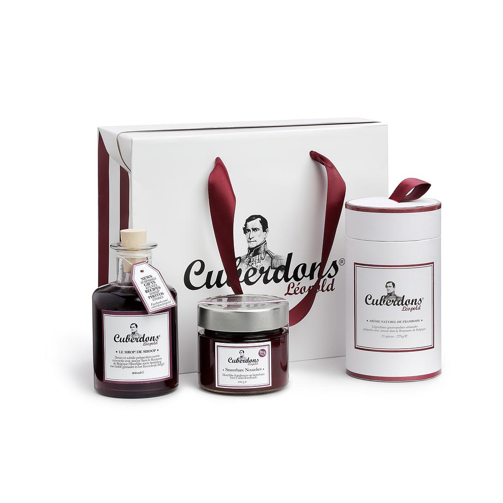 Coffret CULINAIRE contenant une boîte de 21 cuberdons, un sirop et une confiture