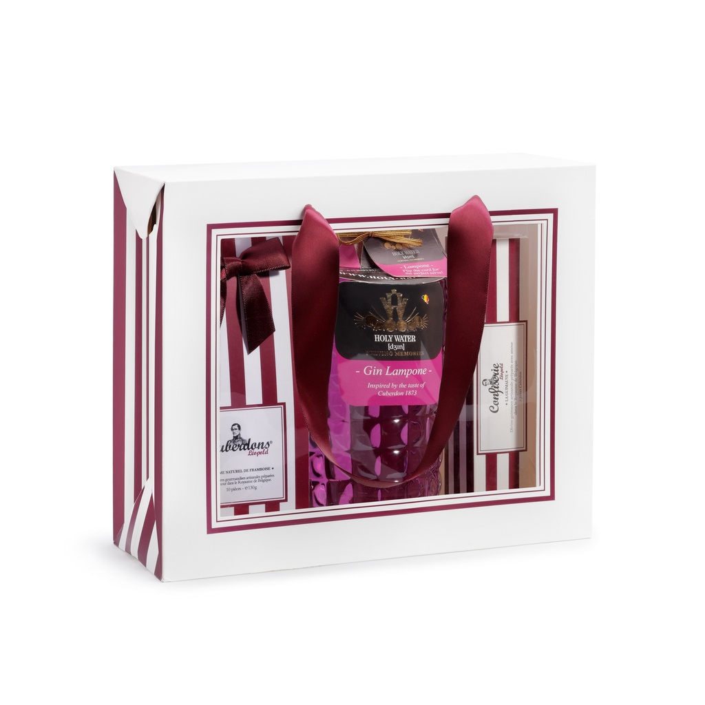 Gift box with 1 bottle of GIN, 10 Cuberdons and 5 marschmallows with cuberdon flavor.